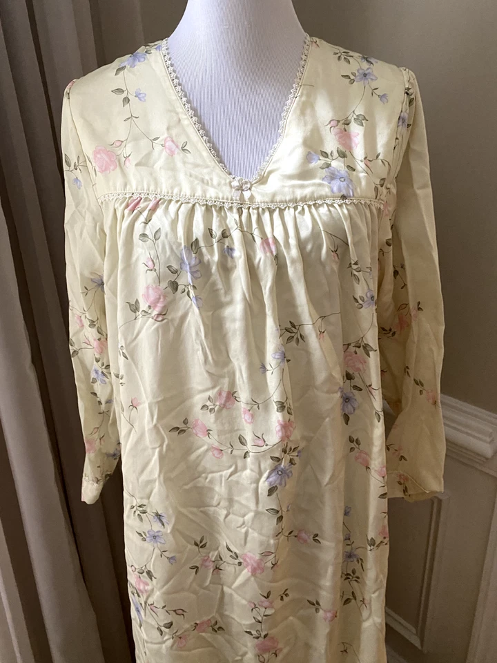 Charter Club Camisón Mediano M Vestido Algodón Espalda Satén Manga Larga Amarillo Floral Foto 2 de 4