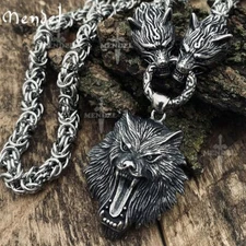 MENDEL Mens 30 Inch Stainless Steel Viking Wolf Head Pendant Necklace Heavy Men