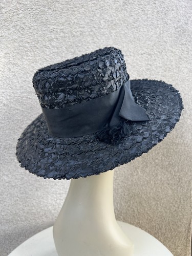 Vtg Hat Eva Mae Modes Black Brim Cello Straw Ribbon 21.5” - Picture 4 of 12