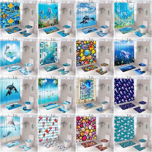 Sea Dolphin Shower Curtain Anti-Skid Bath Mat Toilet Lid Cover Bathroom Rug Set - Picture 4 of 21