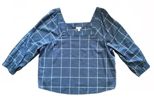New ANA Woman 1X Blue Plaid Windowpane Square Neck Boxy Relaxed Casual Shirt
