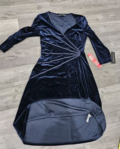Womens 14 Navy Blue Velvet Fit and Flare Midi Cocktail Dress CONNECTED APPAREL - Picture 11 of 13