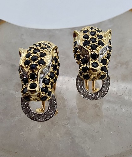 14k .585 Yellow Gold .2 Ctw Diamond Sapphire Black Panther Earrings Au 24175 - Picture 5 of 15