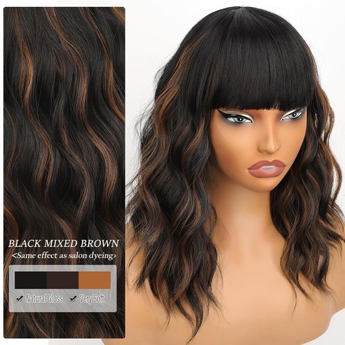 H2T Long 26" Bangs Black Brown Highlight Wig wavy women natural look daily party - Picture 14 of 24
