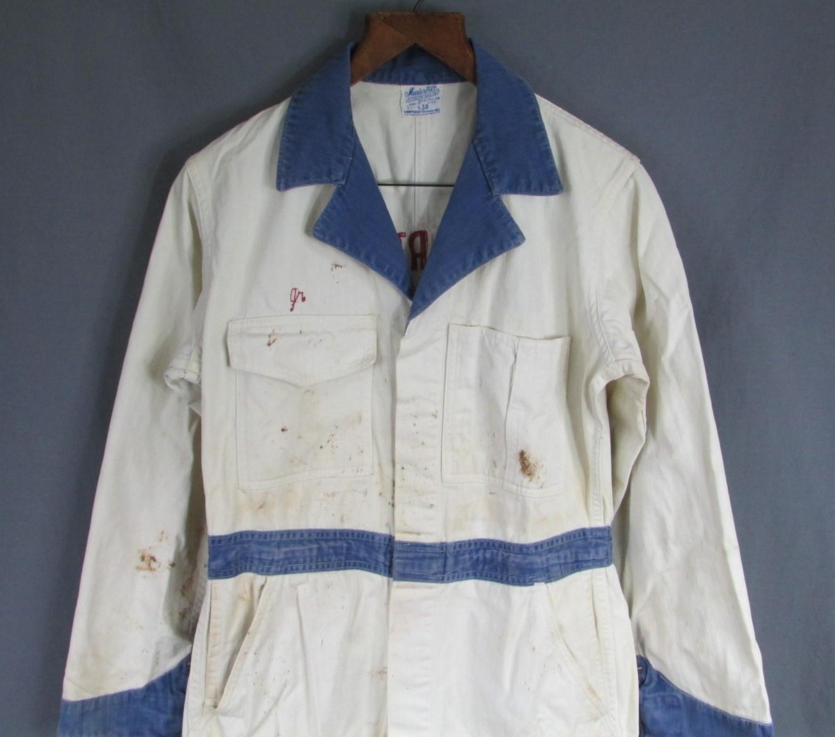 【中古】THE BLUEST OVERALLS Mail Bag White Vintage 1940s Masterbilt White/Blue HBT Coveralls JB Zartman
