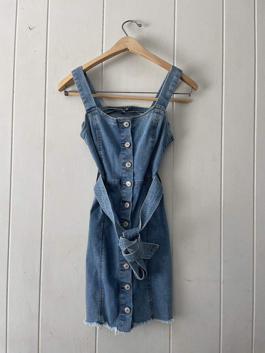 rewash denim dress Denim full front zip up dress with belt - Size