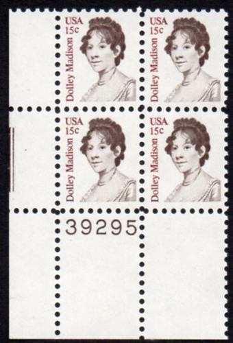 1822 15c Dolly Madison plate block MNH