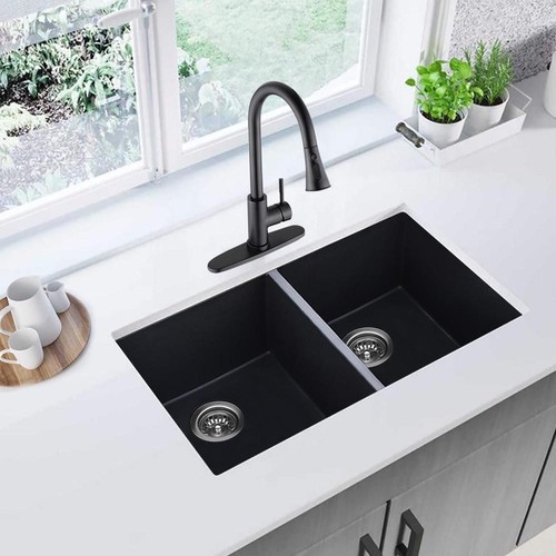 Undermount Quartz Double Bowl Kitchen Sink Matte Black