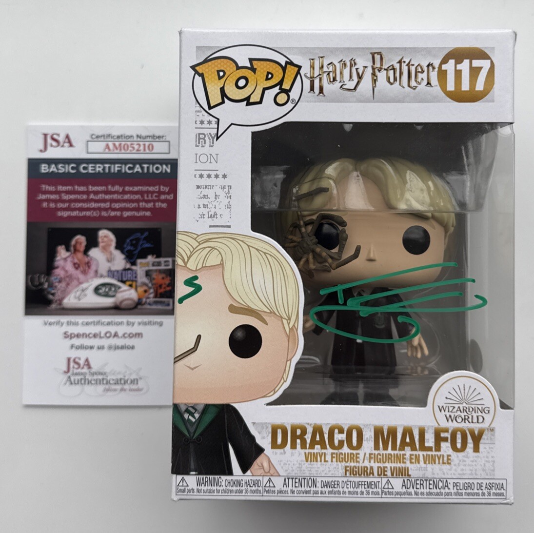 Draco Malfoy Funko Pop # 117 firmado por Tom Felton con cicatriz de Harry Potter, JSA