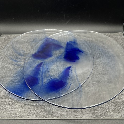 2 Bormioli Rocco Murano Cobalt Blue Swirl Clear Glass Dinner Plates 11” Vintage - Picture 9 of 20