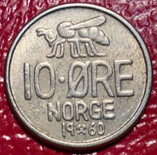 HIGH GRADE 1960 NORWAY 10 ORE HONEY BEE COIN-MAR528