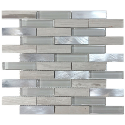 White Oak Gray Marble Stone Blend Metallic Aluminum Glass Mosaic Tile Backsplash