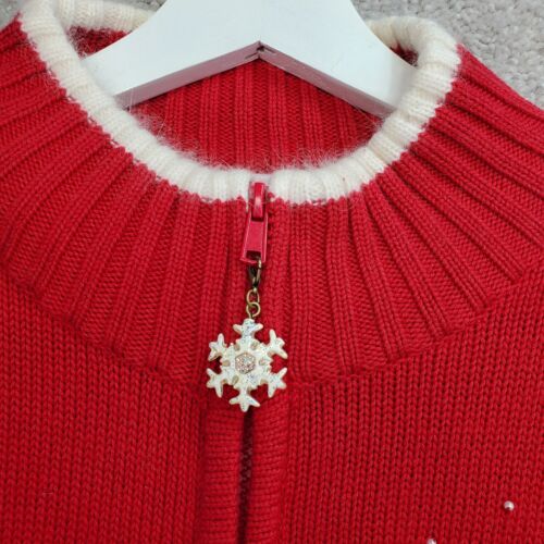 Quacker Factory Snowflake Cardigan Sweater Women's Large Red Beaded Knit Holiday - Picture 2 of 11