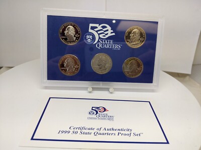 1999-S 50 State Quarters Proof Set WITH BOX & COA US Mint -DE, PA