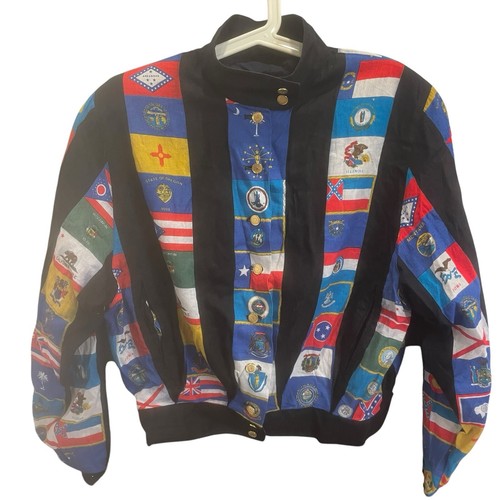 Vintage Louis Feraud Cropped Multicolor US State Flags Jacket Size 6 US