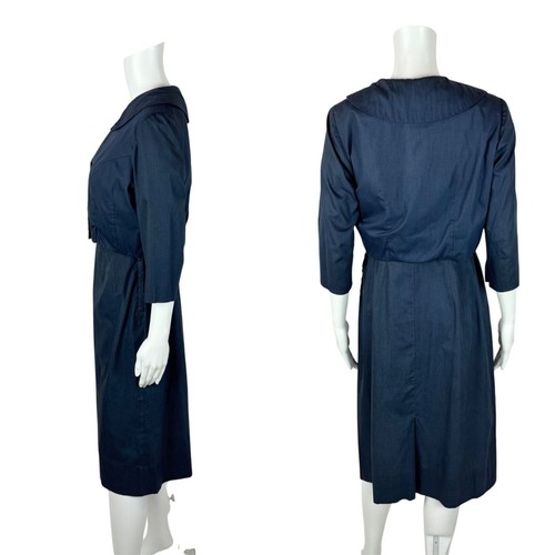 Vintage 50s Dress Set Womens Small Peter Pan Collar Navy Blue Pencil Matching - Picture 9 of 17