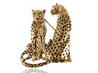 Twin Family Leopard Custom Pin Brooch Green Eyed Crystal Rhinestone Golden Tone