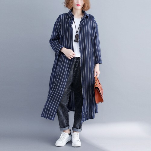 Camisa de mujer manga larga imitación algodón lino estampado a rayas solapa cuello ropa exterior - Imagen 18 de 23