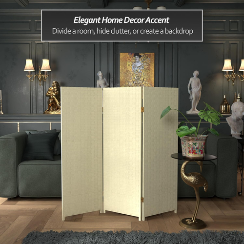 4 Ft. Short Woven Fiber Folding Screen - Cream - 3 Panel - Picture 2 of 6