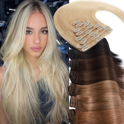 Clip in Hair Extensions 100% Remy Human Hair Extensions Full Head 8Pieces Weft - Foto 1 di 35