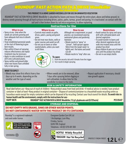 ROUNDUP TOUGH READY TO USE WEEDKILLER SPRAY TRIGGER 1.2L FAST ACTION GARDEN NEW - Picture 15 of 25