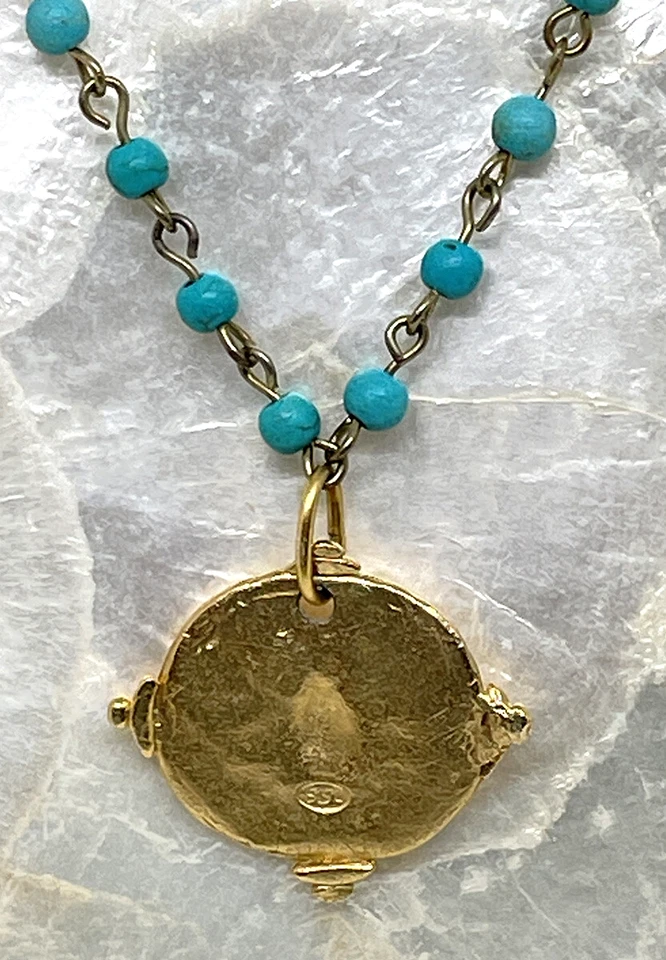 Collar Moneda Susan Shaw Color Turquesa Cuentas Abeja Intaglio Hecho en EE. UU. Foto 4 de 4