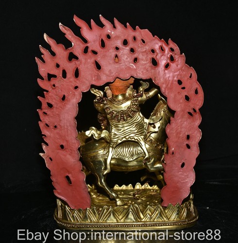 11.6" Antiguo Tíbet Cobre Oro Budismo Palden Lhamo Deidad Paseo Caballo Buda Estatua - Imagen 13 de 14