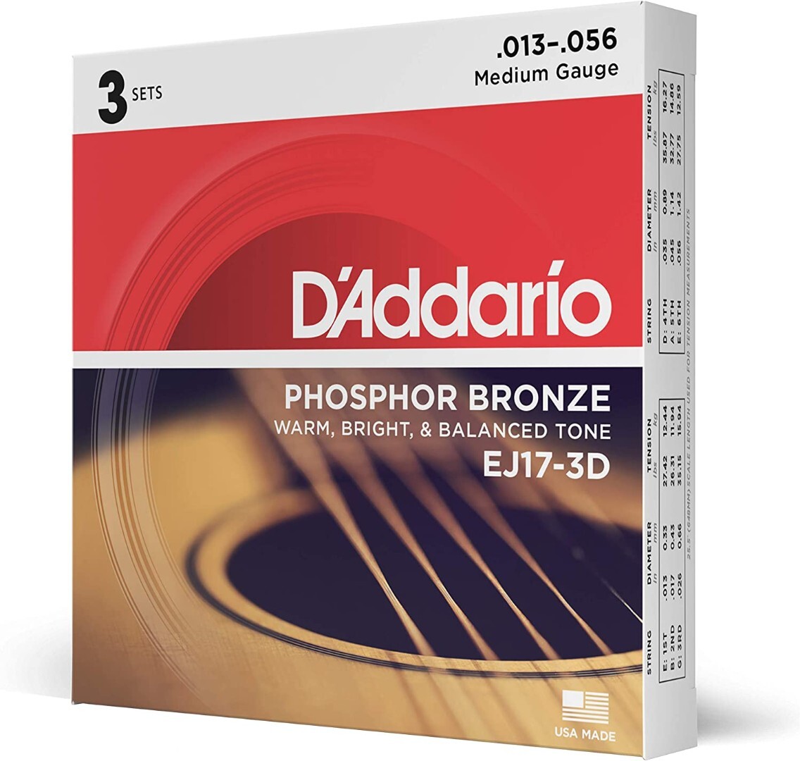 Струны для акустической гитары DAddario EJ17 из люминофорной бронзы, 3 штуки, Средние 13-56 Струн для акустической гитары