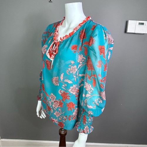 MISA Revolve Top Medium Siena turquoise floral tassel puff sleeve boho chic - Picture 4 of 14