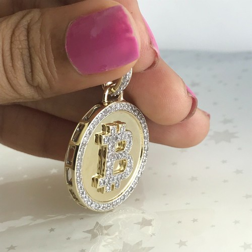 10K Gold 0.86 Ct Round Cut Real Diamond Bitcoin Charm Pendant For Mens - Picture 5 of 11