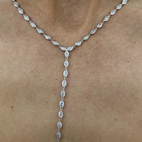 Marquise Lab Created Diamond Lariat Necklace Bezel Set 14k White Gold 6.07 Ct - Picture 2 of 7