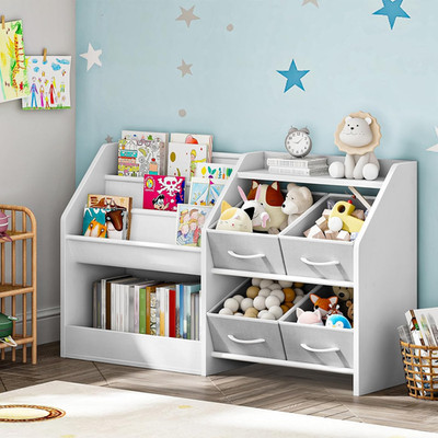 Kids Bookshelf with 3-Tier Oxford Fabric Slings and 4 Fabric Drawers, Toy Storag