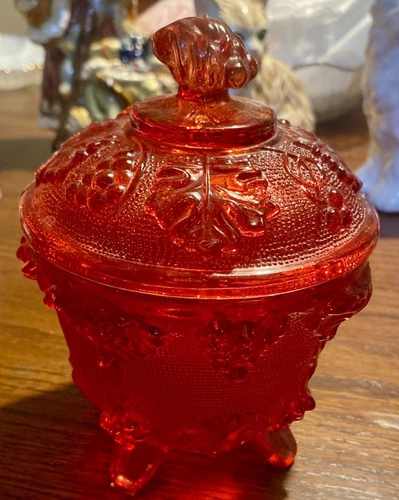 Vintage Jeanette Harvest Grape Red Glass Footed Covered Candy Dish