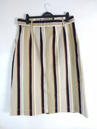 18, braun schwarz beige lila Streifen Knopfleiste Gürtel gerade Midirock - Bild 6 von 10