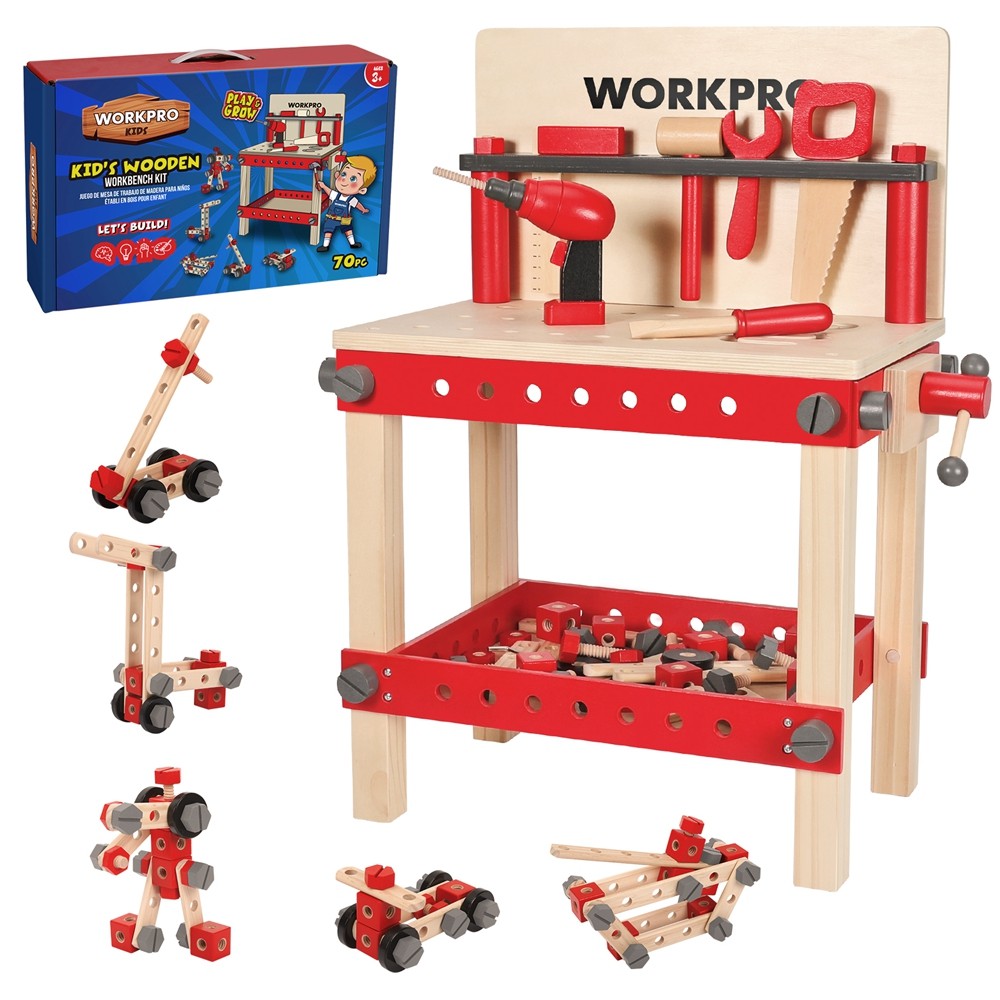 WORKPRO 70PC Kids Wooden Workbench Kit Building Toy Educational Construction Toy