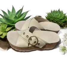 Reef 7 Cushion Vista Sandals Slides Ivory White Criss Cross Buckle Cork Platform