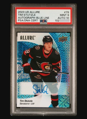 Jersey Match PSA 9/10 Tim Stutzle Blue Line Auto #18/35 2023-24 Allure #79 Pop 1