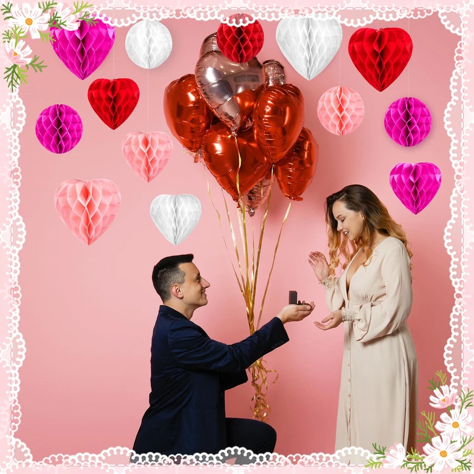 48 peças bolas de favo de mel dos namorados papel tecido bolas de flores decoração em forma de coração - Imagem 3 de 4