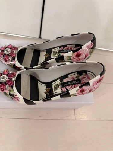 DOLCE & GABBANA Rose Jeweled Pumps Kitten Heel Leather White Women Size37.5