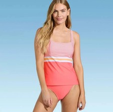 Lands End Tankini Womens Peach Orange Pink Stripe Swim Top Wired Cup Size 6 New