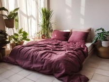 Burgundy Linen Duvet Cover And 2 Pillow Cover Set King Queen Bedding Cover Set.