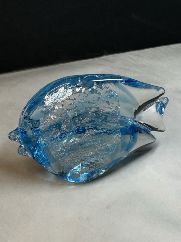 Josef Marcolin Swedish Blown Glass Fish w/Sterling Inclusion 5.5”L Paper Weight