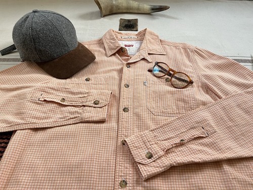 Levi's Work Deck Shirt M Vintage Clothing 2013 Tab Chin Collar Peach Check LNWOT - Picture 15 of 17