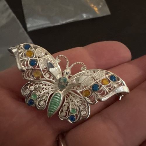 SPILLA VINTAGE ALICE CAVINESS GERMANIA SMALTO E FARFALLA STERLING SPILLA 2” - Foto 3 di 6