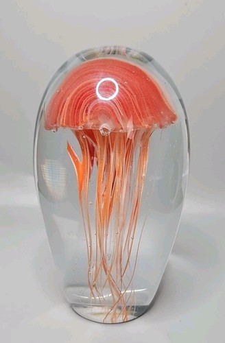 Fermacarte Dynasty Glass Jelly Fish 6,75" si illumina al buio 4 libbre rosso rosa grande - Foto 2 di 6