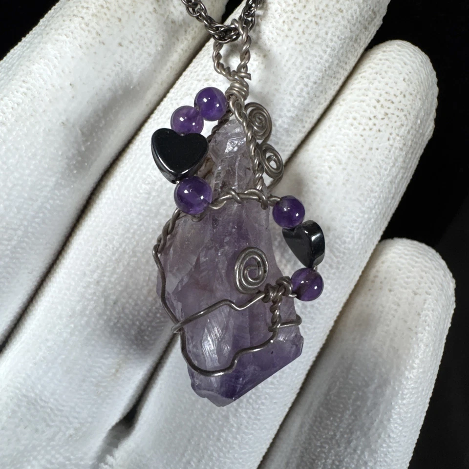 ✨钢丝包装天然紫水晶吊坠和纯银20英寸链式项链✨ — 第 3/4 张图片