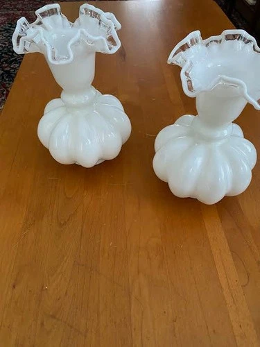 Pair 9" Fenton MIlk Glass Vases 1945