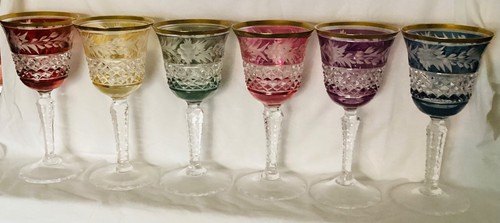 Ebeling And Reuss Marquis Gold Rim Cut And Etched 4” Wine Glass lot of 6 colors - Picture 2 of 8
