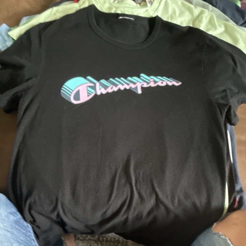 Champion Black Logo Graphic Print Crew Neck Short Sleeve Knit T-Shirt Men's M