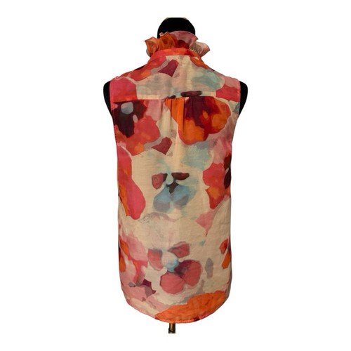 Blusa Loft Talla S Naranja Floral Cuello Volantes Sin Mangas Forrada con Botones Usada en Excelente Condición - Imagen 2 de 7